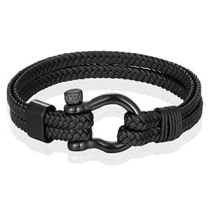 Mendes Nautische heren armband Leer Edelstaal Zwart - 19cm