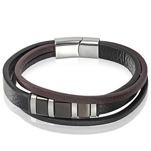 Mendes heren armband Multi Leer Edelstaal Zwart Bruin-19cm