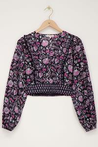 My jewellery Zwarte crop top met lila en roze bloemenprint