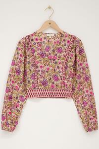 My jewellery Beige crop top met groene en roze bloemenprint