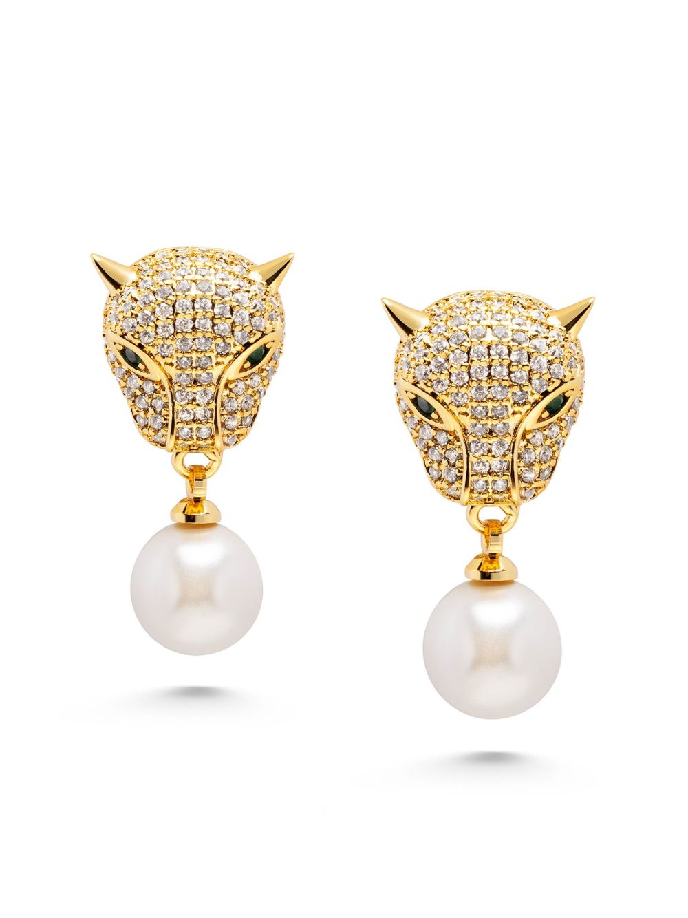 Nialaya Jewelry gold plated Panther pearl drop earrings - Goud