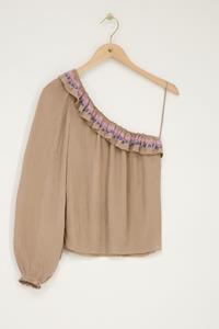 My jewellery Beige one-shoulder top met multikleur embroidery