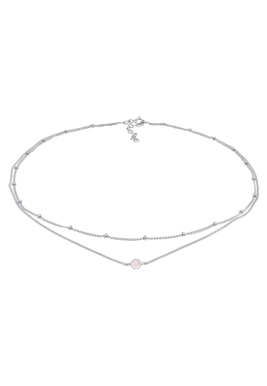Elli Dames Choker Layer Look Ball Chain Necklace met Rozenkwarts in 925 Sterling Zilverkleurig Verguld