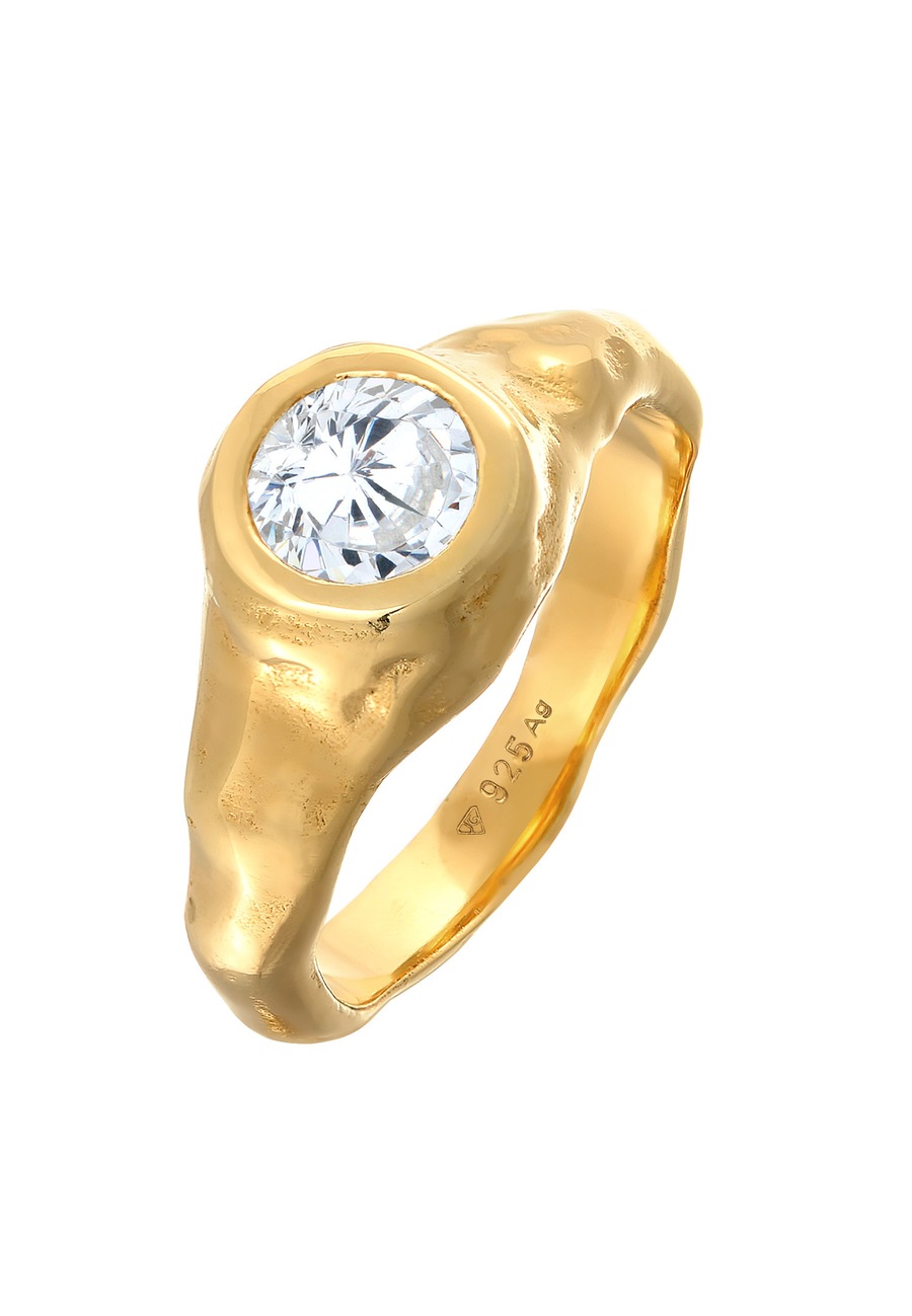 Elli PREMIUM Ring Dames zegel organisch ontwerp met zirkonia kristal in 925 sterling zilver verguld Goud