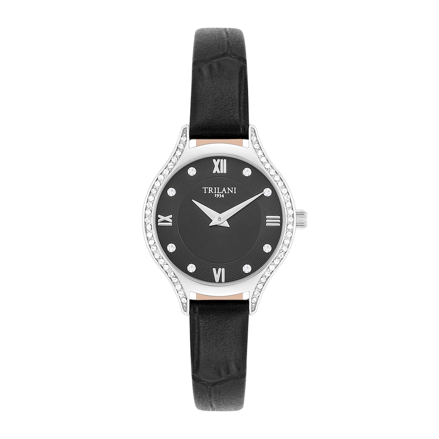Trilani Quartz horloge in Zilver Echt leer in Zwart