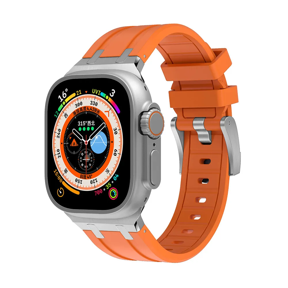 Strap-it Apple Watch luxe liquid silicone band (oranje met zilver)