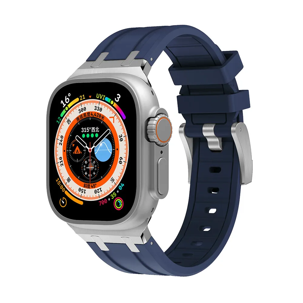 Strap-it Apple Watch luxe liquid silicone band (blauw met zilver)