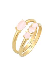 Elli Dames Stacking Ring Set Vintage Trend met roze kwarts in 925 Sterling Zilver Verguld Goud