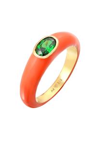 Elli Dames Eenzaam Ovaal met Emaille oranje en Zirkonia Kristal groen in 925 Sterling Zilver Verguld Oranje