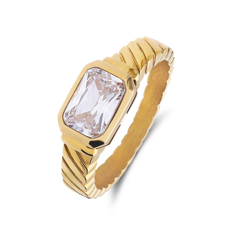 Lucardi Stalen goldplated vintage ring met wit zirkonia