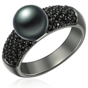 Valero Pearls Ring Sterling zilver Zirkonia Gekweekte zoetwaterparels in Zwart