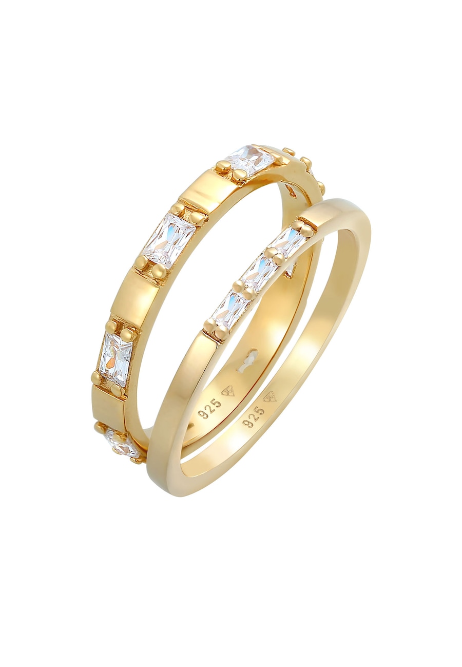 Elli Damesring Duo Baguette geslepen glinsterende met Cubic Zirconia kristallen in 925 Sterling zilver Goud