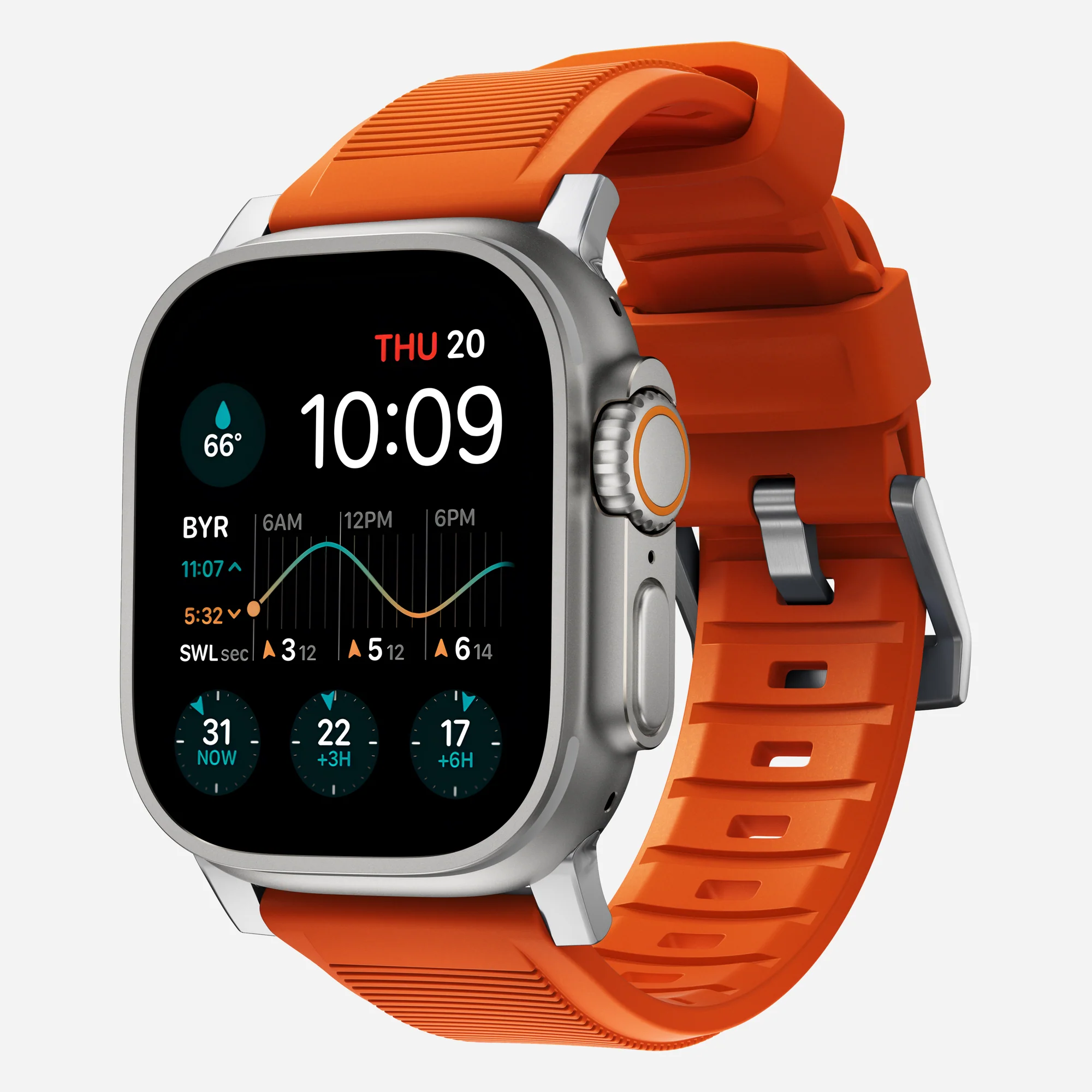 Nomad Apple Watch siliconen bandje - Rugged Zilver / Ultra Orange