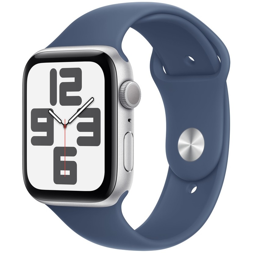 Apple Watch SE GPS 44mm Aluminium Case met Denim Sport Band - S/M Smartwatch Zilver