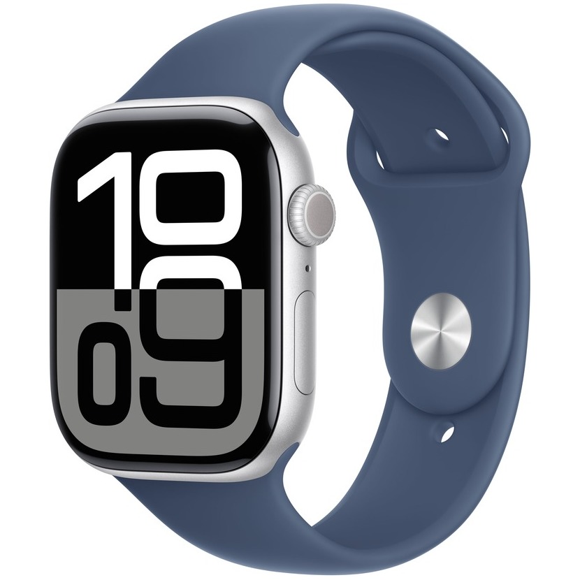 Apple Watch Series 10 GPS + Cellular 46mm Aluminium Case met Denim Sport Band - M/L Smartwatch Zilver