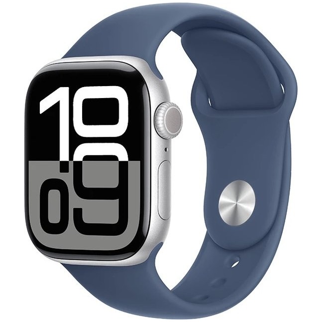 Apple Watch Series 10 GPS 46mm Aluminium Case met Denim Sport Band - M/L Smartwatch Zilver