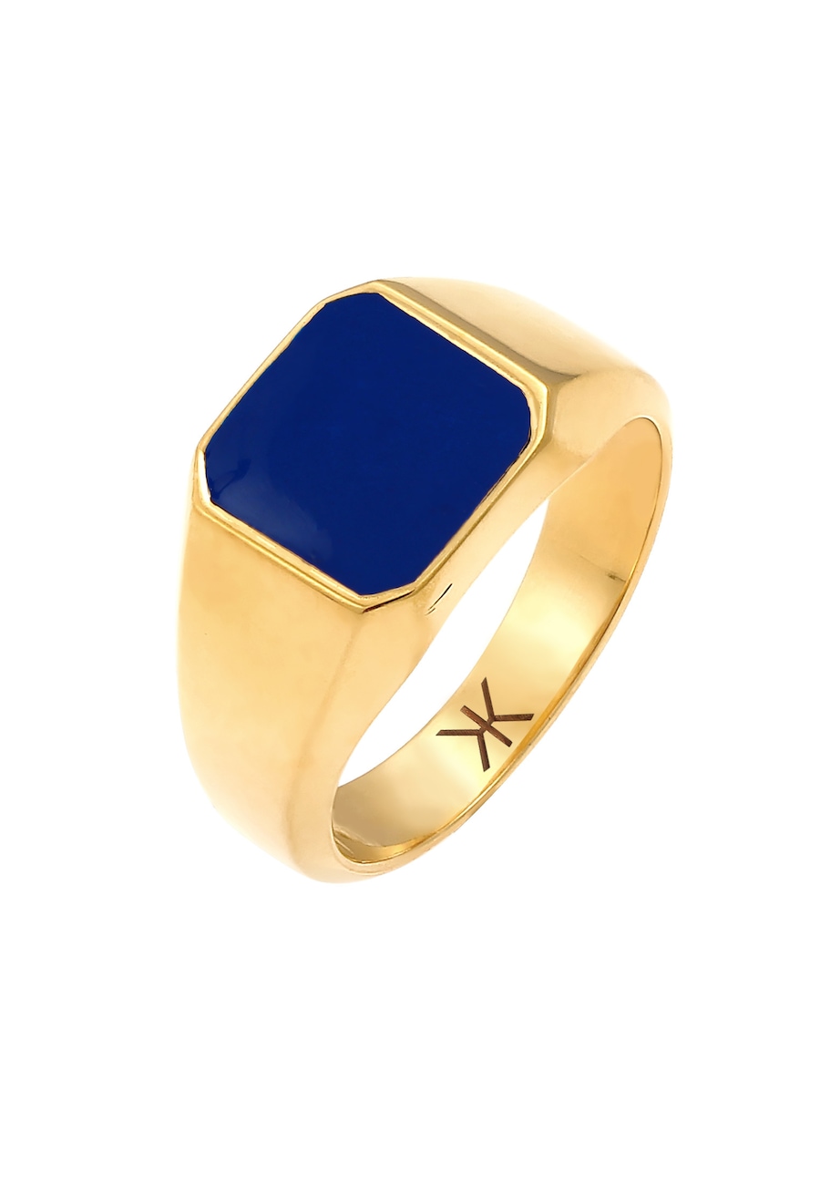 KUZZOI Heren zegelring blauw basis massief met email in 925 sterlingzilver verguld