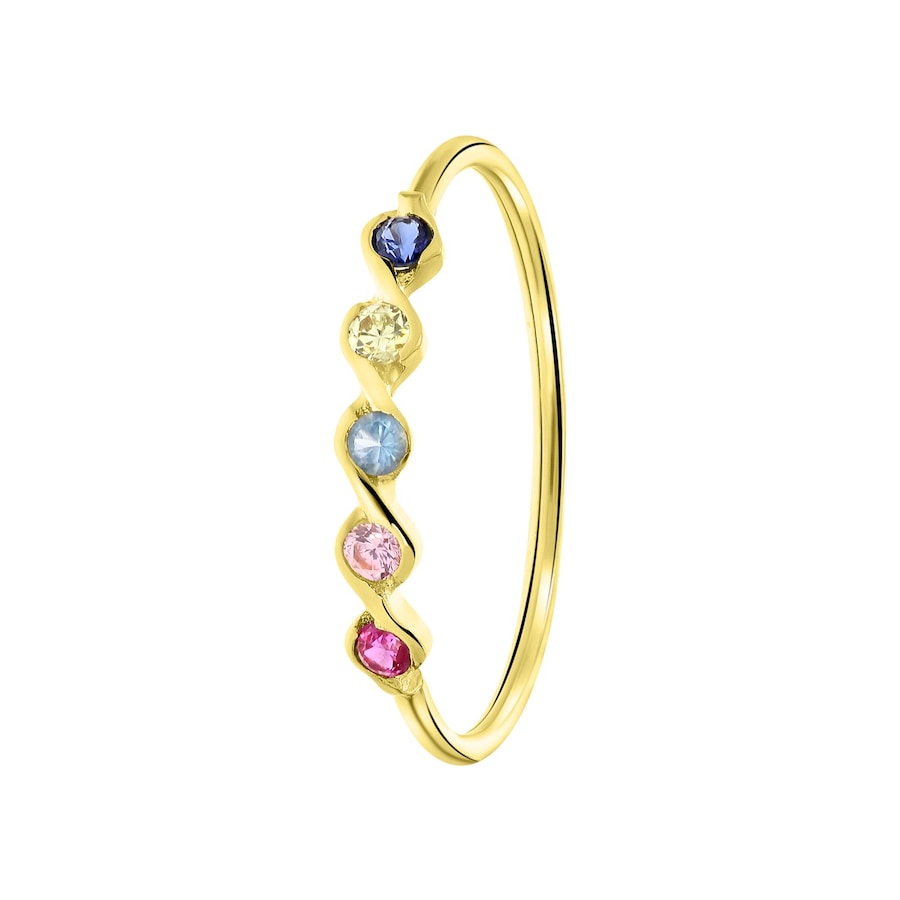 Lucardi 14 karaat geelgouden ring 5 multicolor zirkonia's