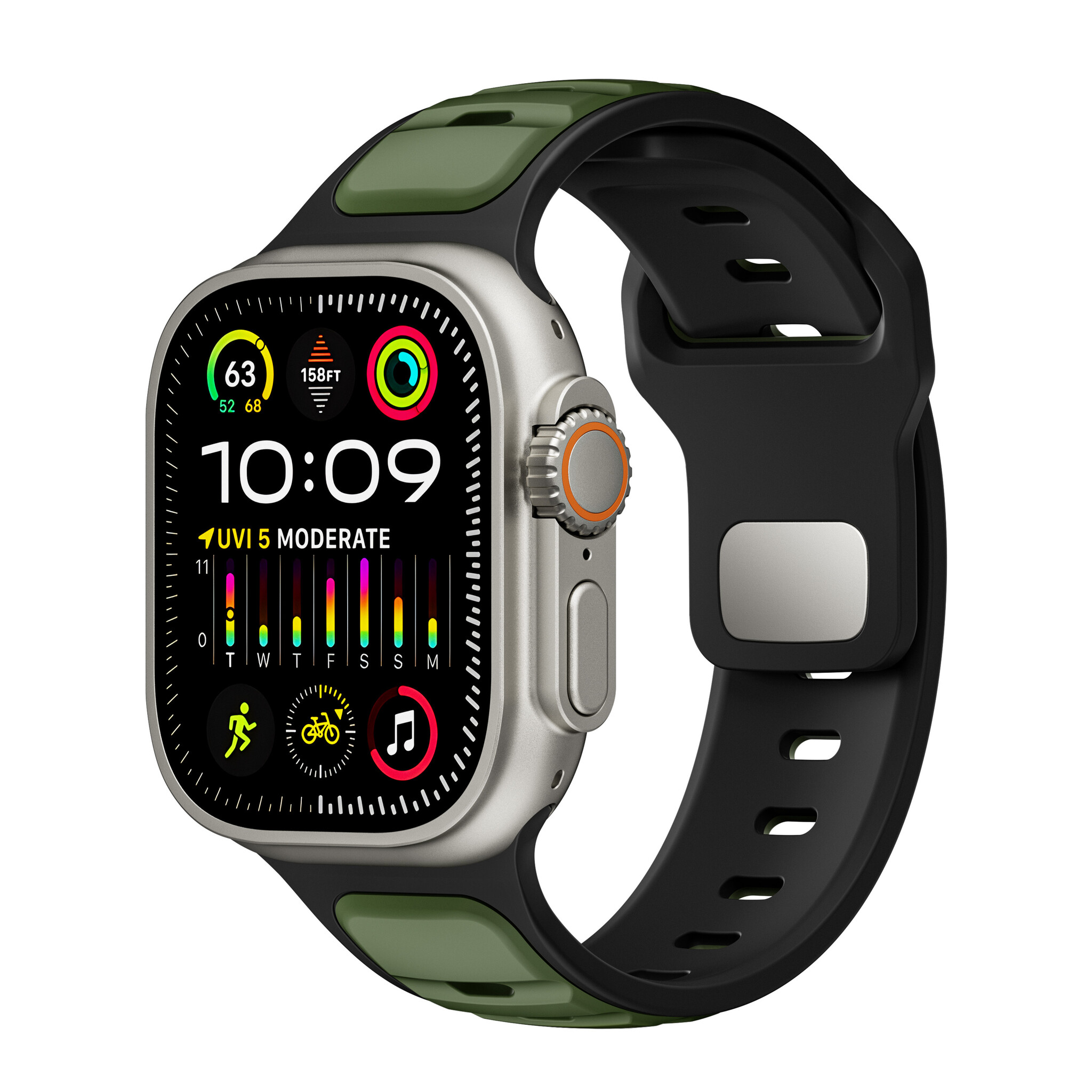 Strap-it Apple Watch premium outdoor siliconen bandje (legergroen/zwart)