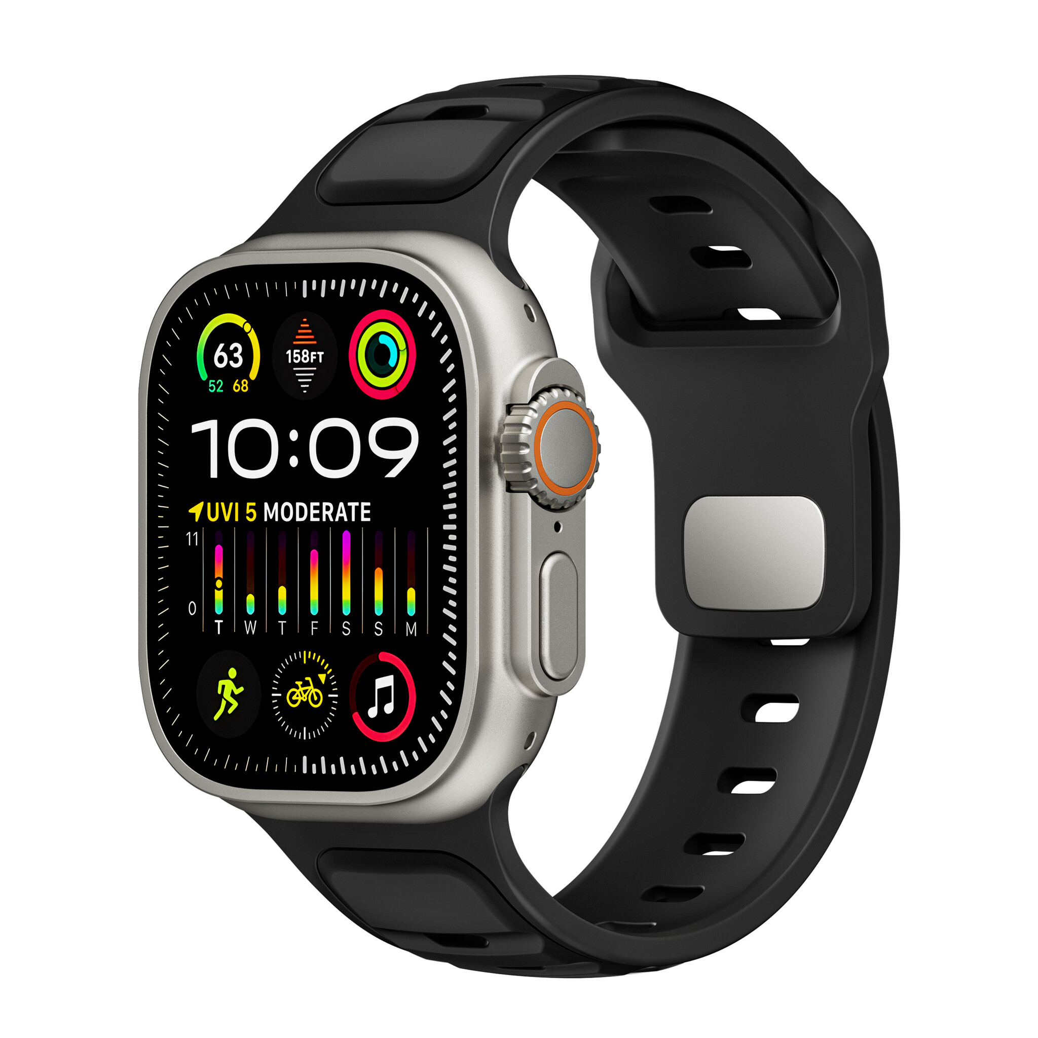 Strap-it Apple Watch premium outdoor siliconen bandje (zwart/zwart)