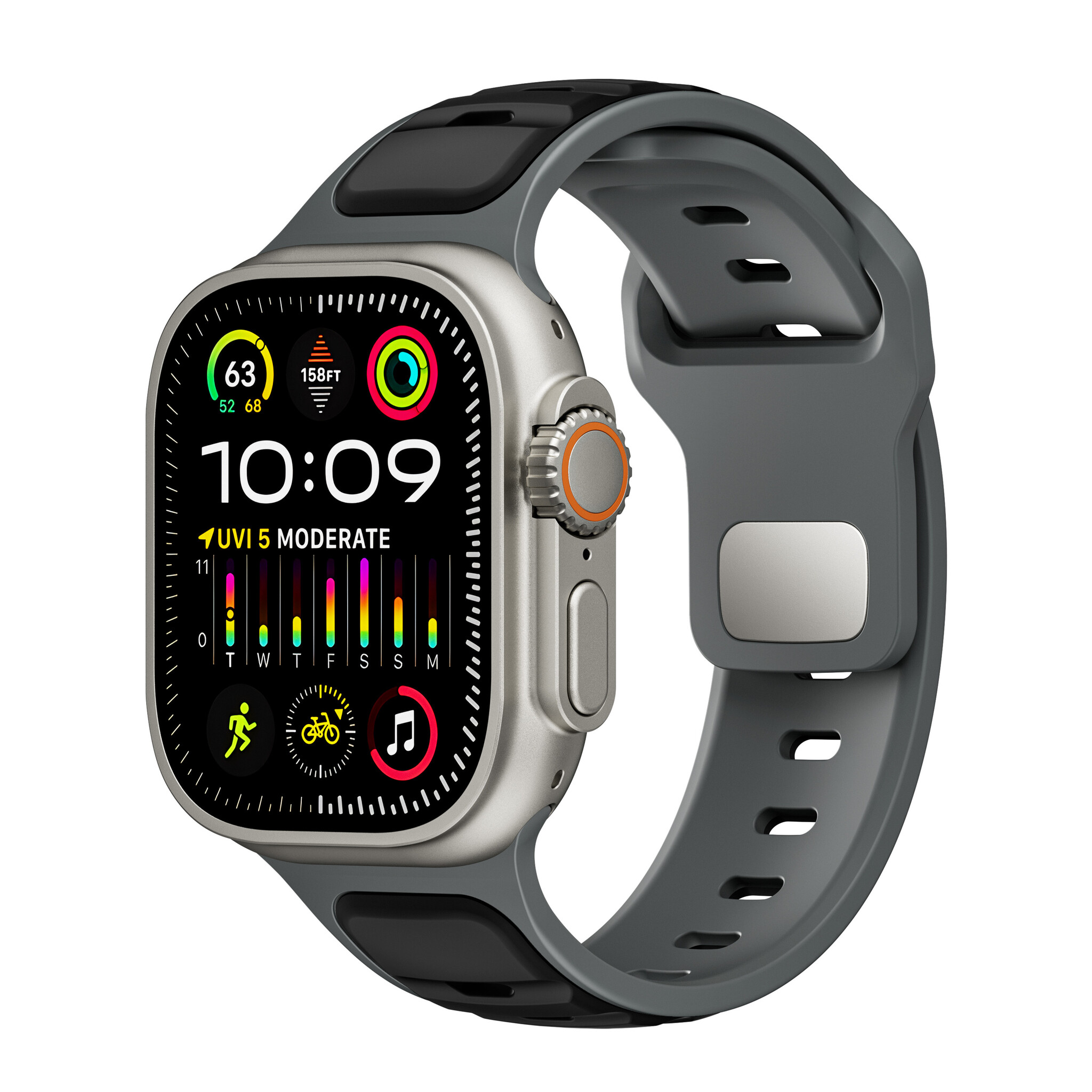 Strap-it Apple Watch premium outdoor siliconen bandje (zwart/grijs)