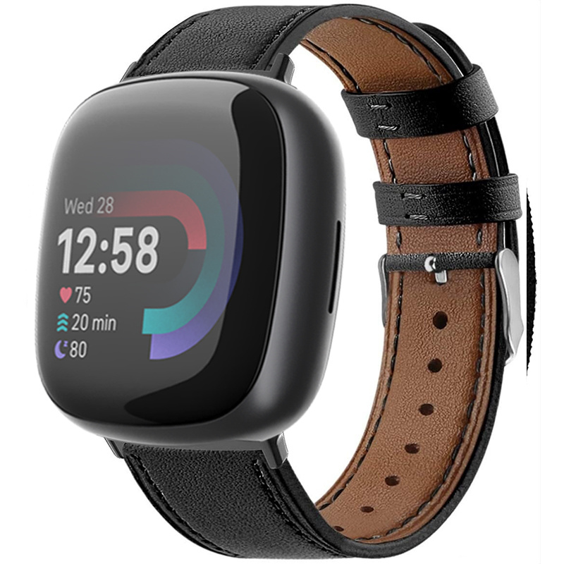 Strap-it Fitbit Versa 4 bandje leer (strak zwart)