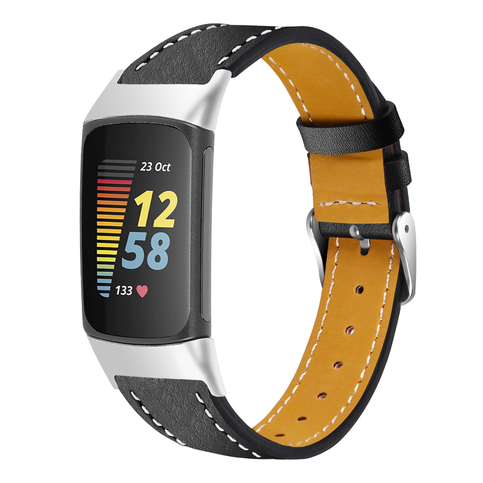 Strap-it Fitbit Charge 5 modern leren bandje (zwart)