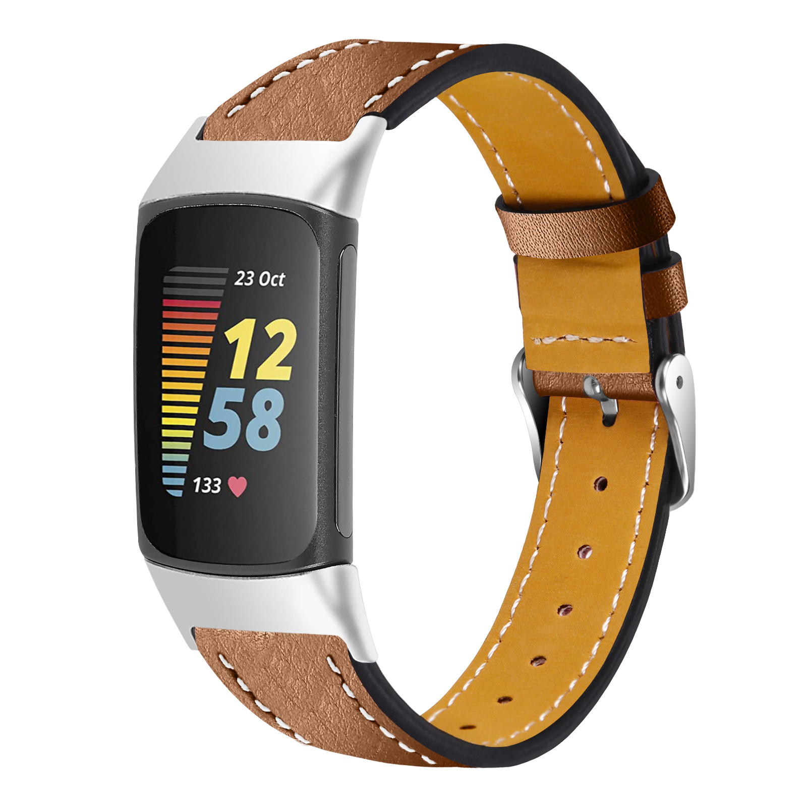 Strap-it Fitbit Charge 5 modern leren bandje (bruin)