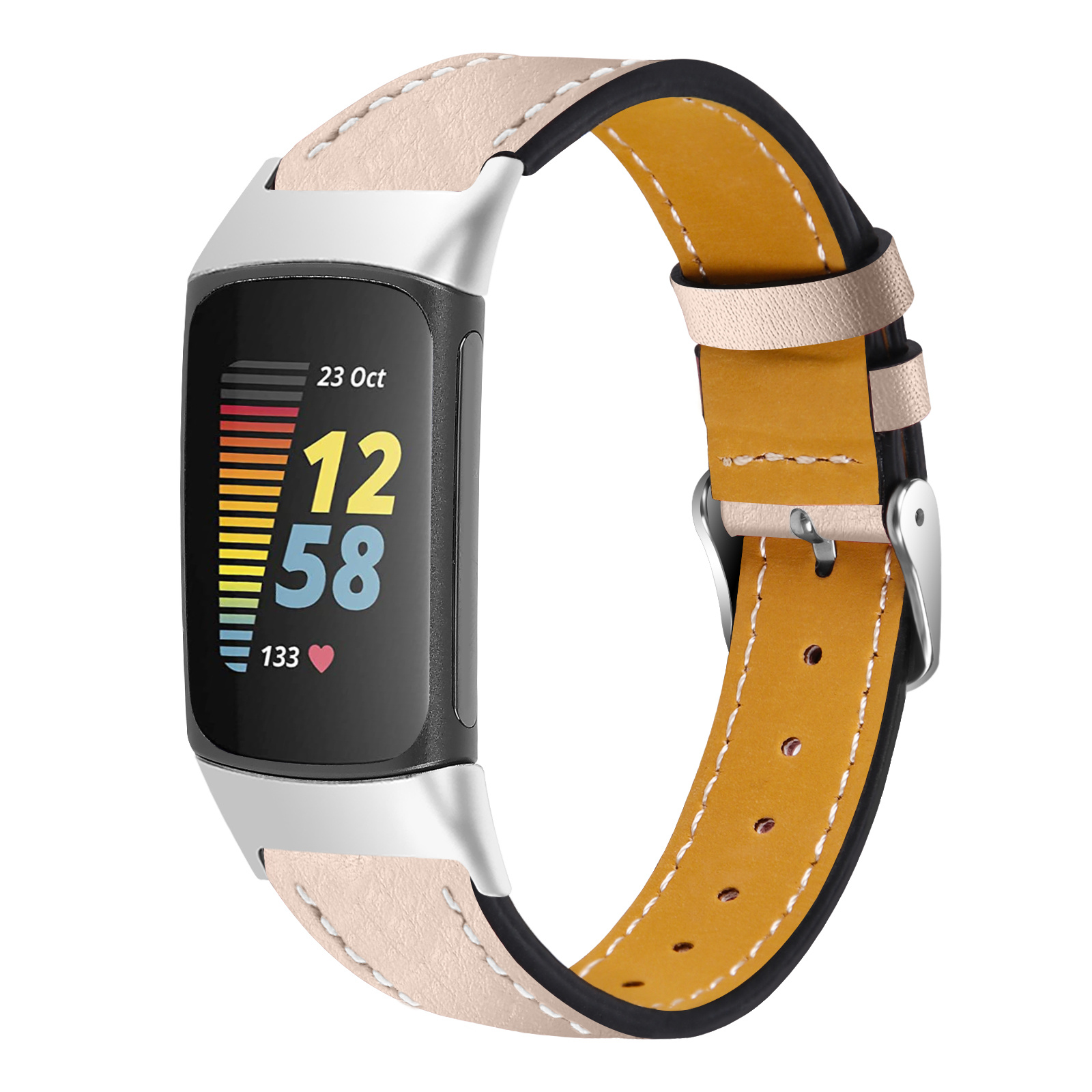 Strap-it Fitbit Charge 5 modern leren bandje (lichtbeige)