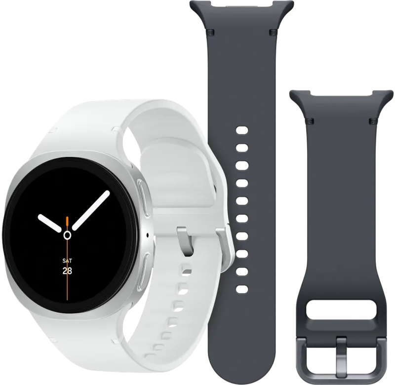Samsung Galaxy Watch 8 Zilver 40mm +  Siliconen Sport Bandje Donkergrijs S/M