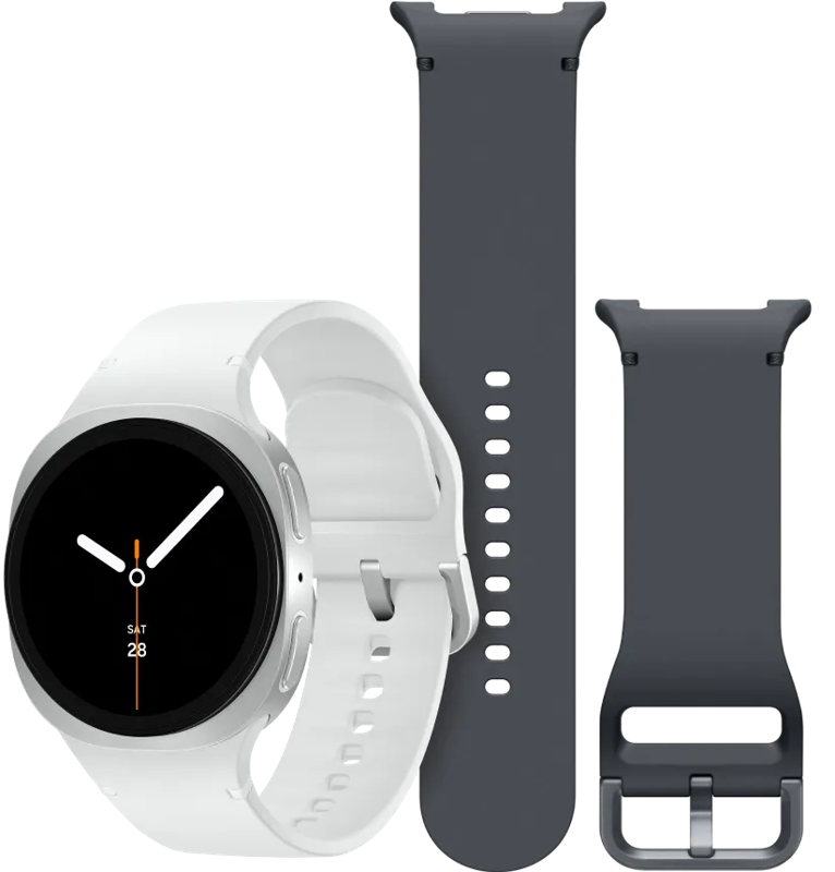 Samsung Galaxy Watch 8 Zilver 40mm +  Siliconen Sport Bandje Donkergrijs M/L