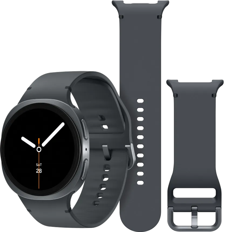 Samsung Galaxy Watch 8 Donkergrijs 44mm + Siliconen Sport Bandje Donkergrijs M/L