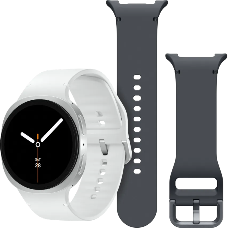 Samsung Galaxy Watch 8 4G Zilver 44mm +  Siliconen Sport Bandje Donkergrijs S/M