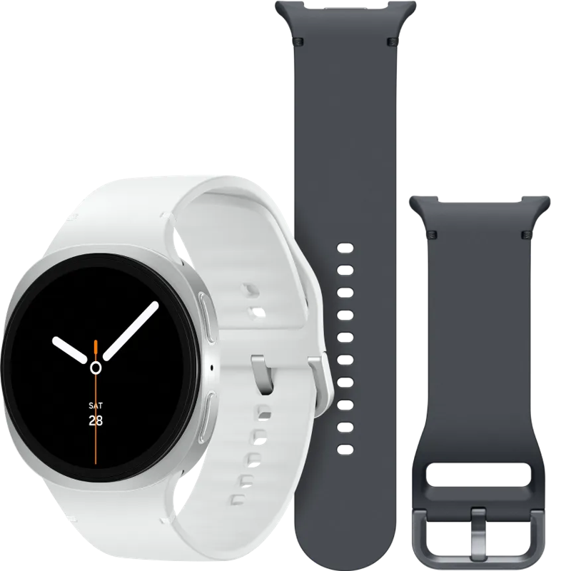 Samsung Galaxy Watch 8 4G Zilver 44mm +  Siliconen Sport Bandje Donkergrijs M/L