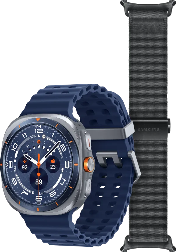Samsung Galaxy Watch Ultra (2025) 4G Titanium Blauw 47mm + Ultra Trail Horlogeband Grijs