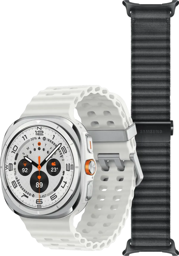 Samsung Galaxy Watch Ultra (2025) 4G Titanium Wit 47mm + Ultra Trail Horlogeband Grijs