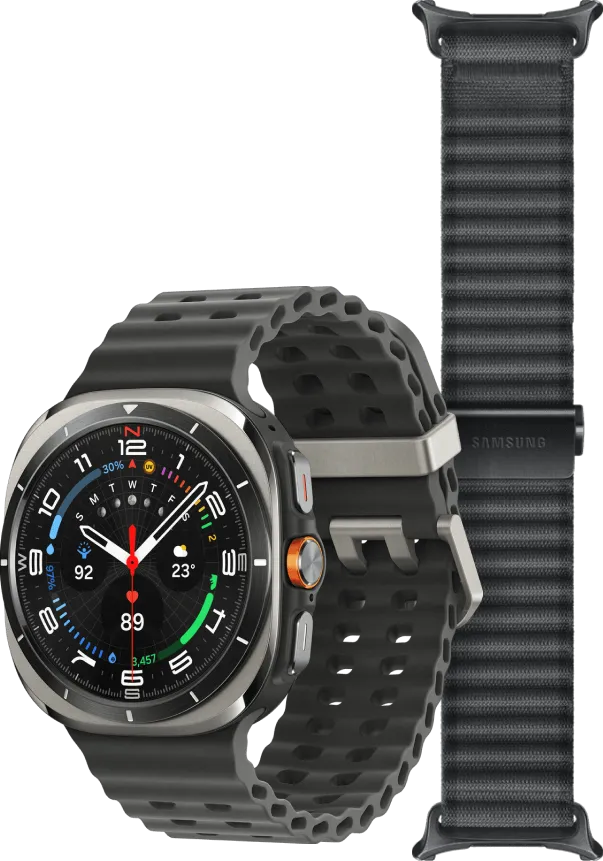 Samsung Galaxy Watch Ultra (2025) 4G Titanium Zilver 47mm + Ultra Trail Horlogeband Grijs