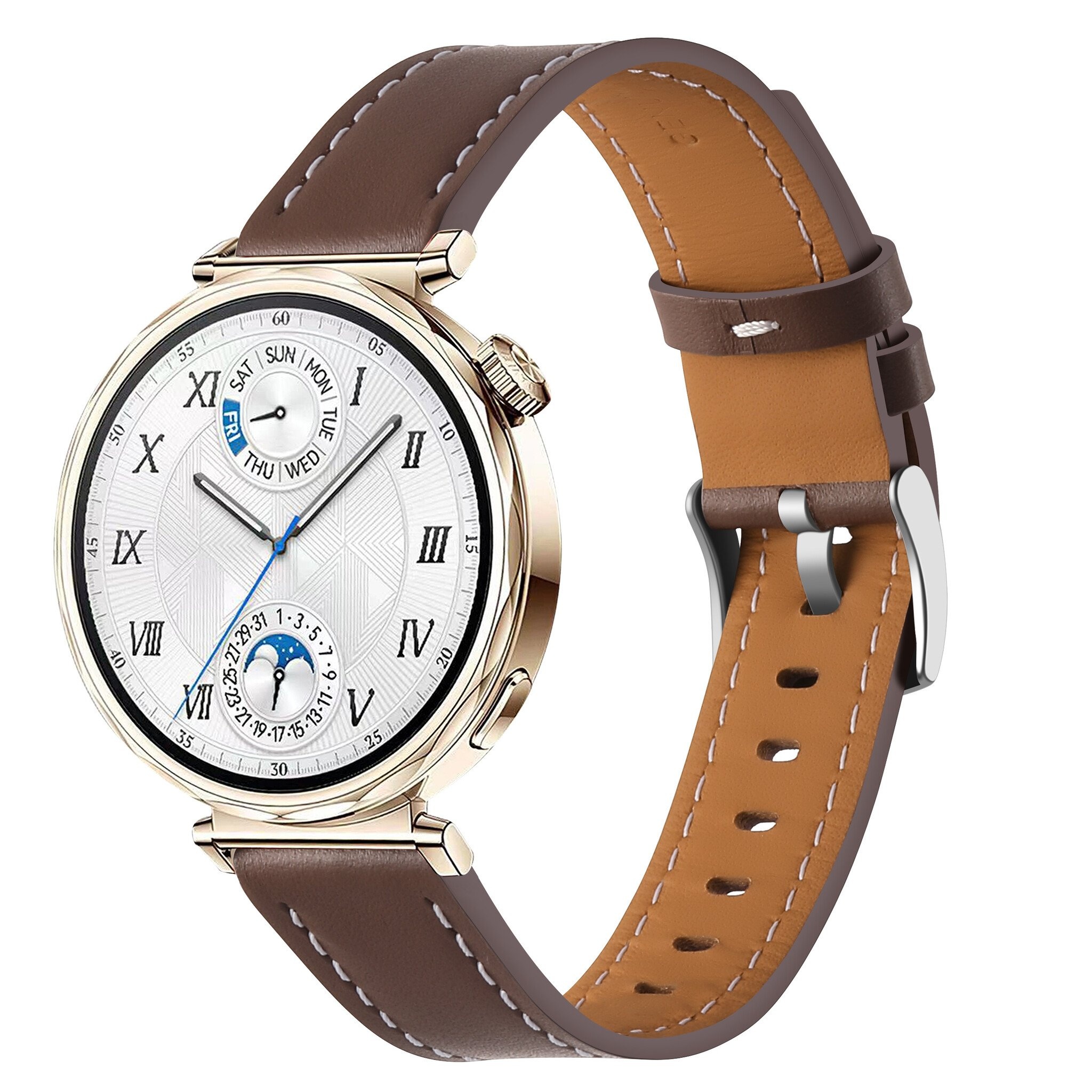Strap-it Huawei Watch 5 - 42mm 'one push' leren bandje (donkerbruin)