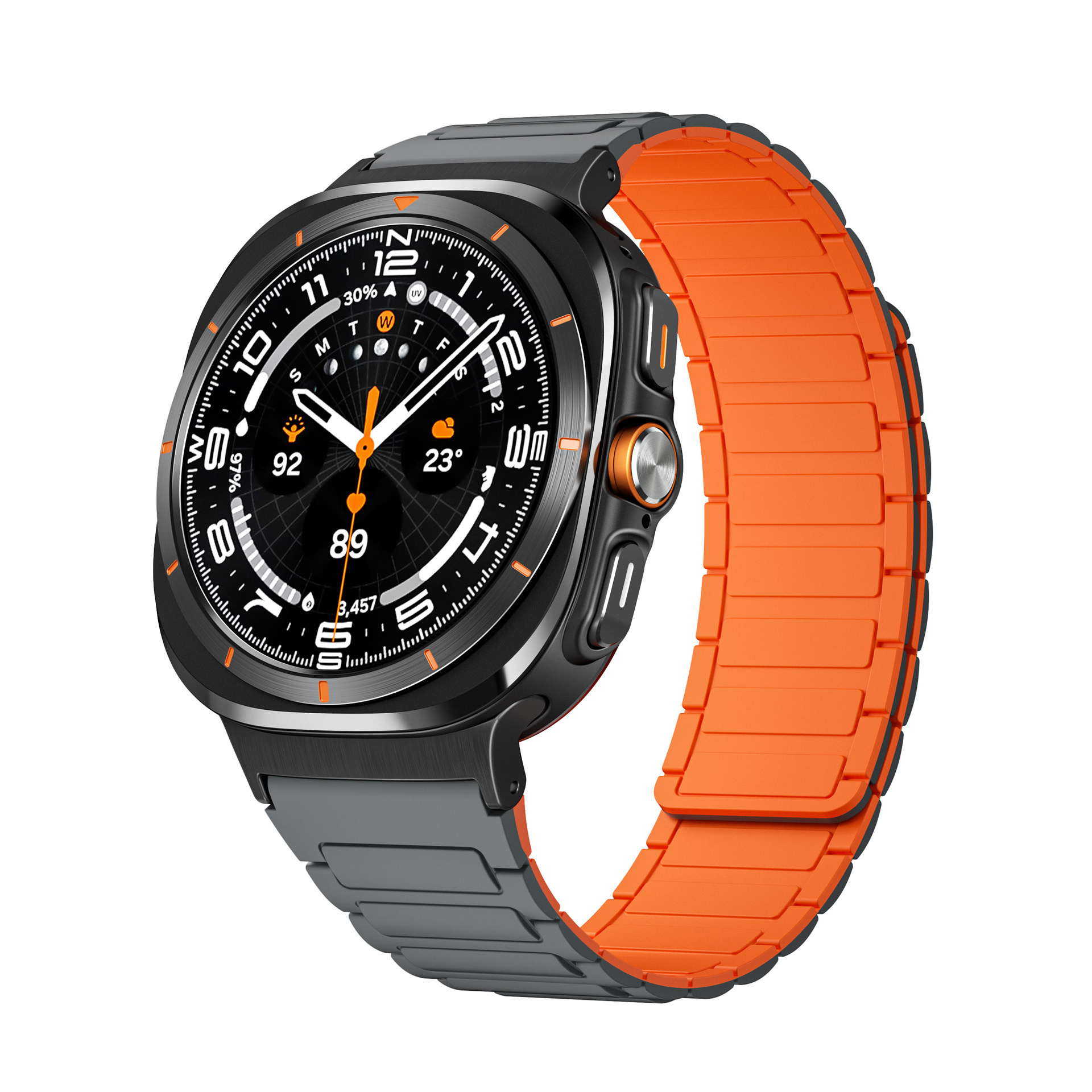 Strap-it Samsung Galaxy Watch Ultra 2025 magnetisch siliconen bandje (grijs/oranje)