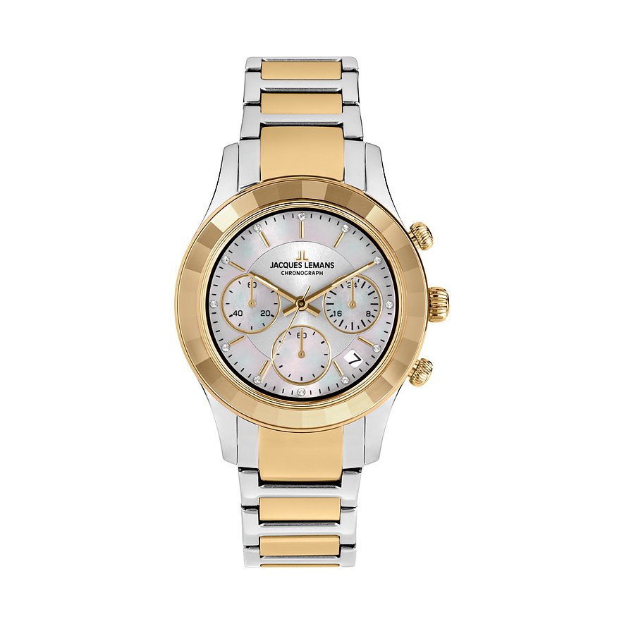 Jacques Lemans Chronograaf Venice Polshorloge, dameshorloge, leren band, stopwatchfunctie, datum, parelmoer