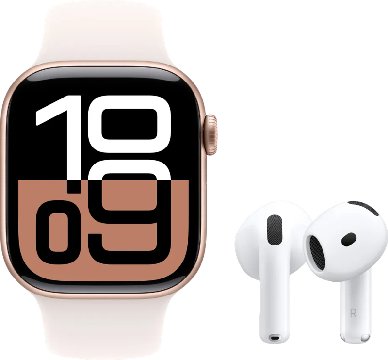 Apple Watch Series 10 42mm Roségoud Sportband S/M + AirPods 4 Active Noise Cancelling