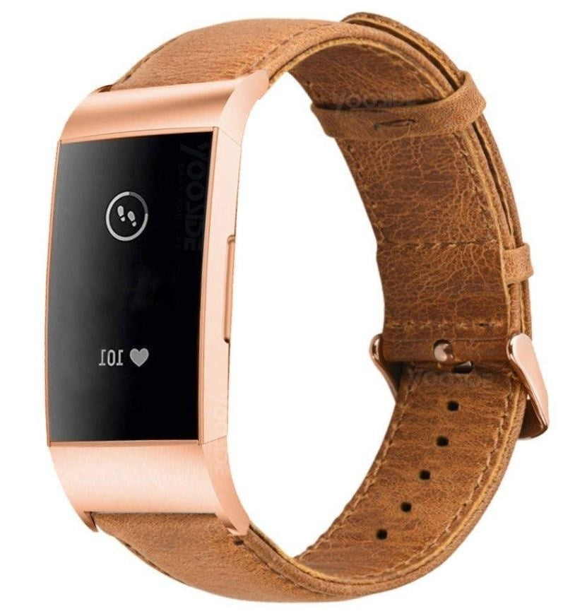 Fitbit Charge 3 / 4 leren bandje met rosé gesp (bruin)