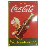 Fiftiesstore Drink Coca-Cola Work Refreshed Emaille Bord - 21 x 14 cm