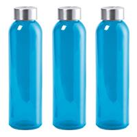 Bellatio 3x Stuks glazen waterfles/drinkfles blauw transparant met Rvs dop 550 ml -
