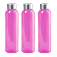 Bellatio 3x Stuks glazen waterfles/drinkfles fuchsia roze transparant met Rvs dop 550 ml -