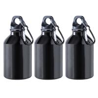 Bellatio 3x Stuks aluminium waterfles/drinkfles zwart met schroefdop en karabijnhaak 330 ml -