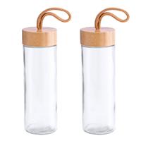 Bellatio 2x Stuks glazen waterfles/drinkfles transparant met bamboe houten dop met handvat 420 ml -