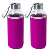 Bellatio 4x Stuks glazen waterfles/drinkfles met fuchsia roze softshell bescherm hoes 420 ml -