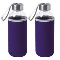 Bellatio 4x Stuks glazen waterfles/drinkfles met paarse softshell bescherm hoes 420 ml -