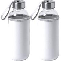Bellatio 4x Stuks glazen waterfles/drinkfles met witte softshell bescherm hoes 420 ml -